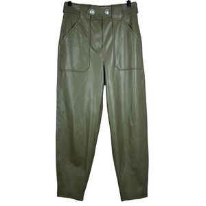 Veronica Beard Atala Tapered Vegan Leather Pants Stone Army Green Career Size 2